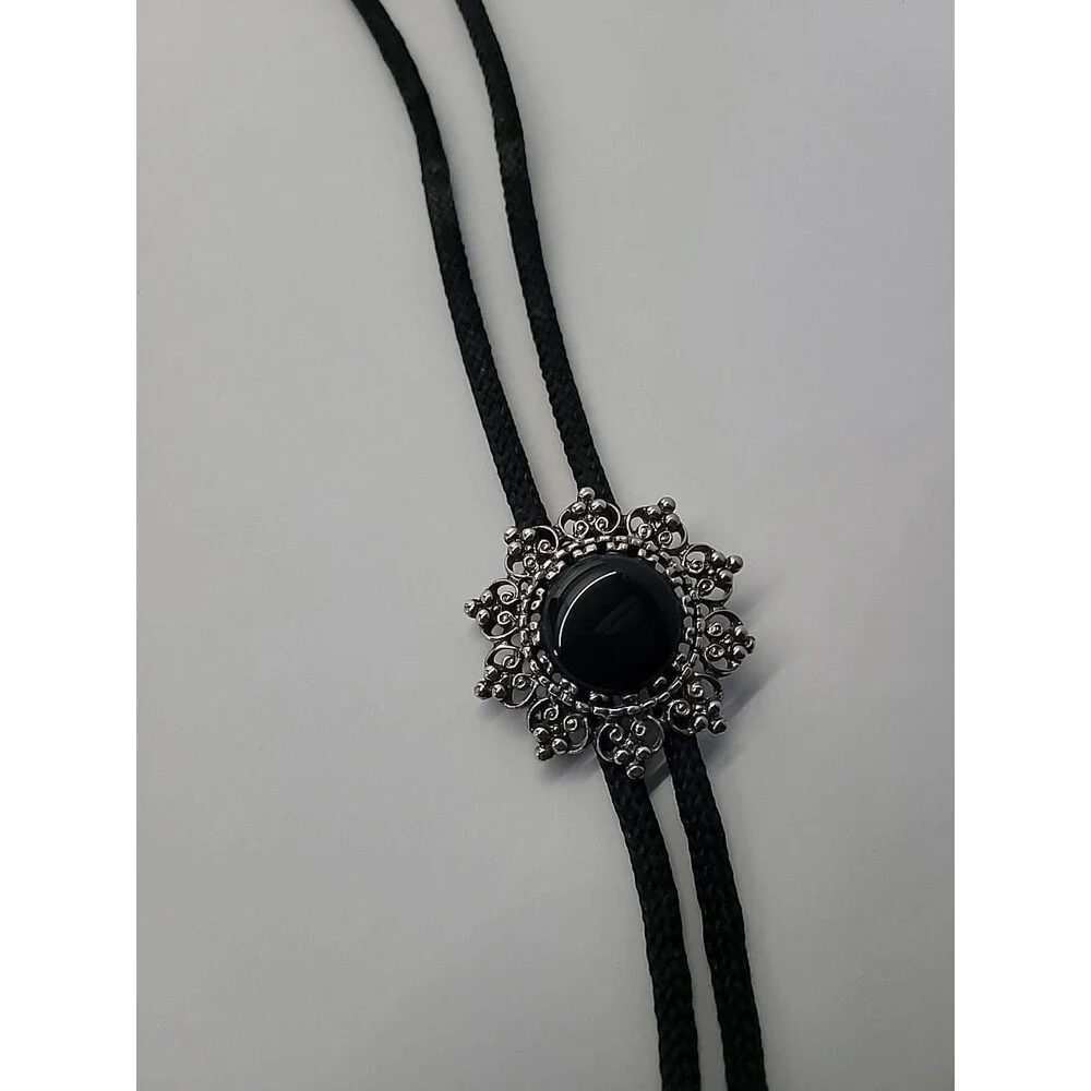 Black Bolo‎ Necklace Silver Tone Filigree Black Cabochon Western Cord Slide